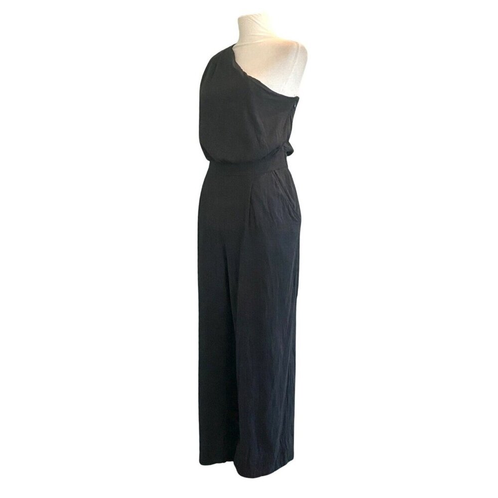 Free People One Shoulder Cropped Black Woven Cotton Blend Gauze Jumpsuit Size 8 - Picture 2 of 7
